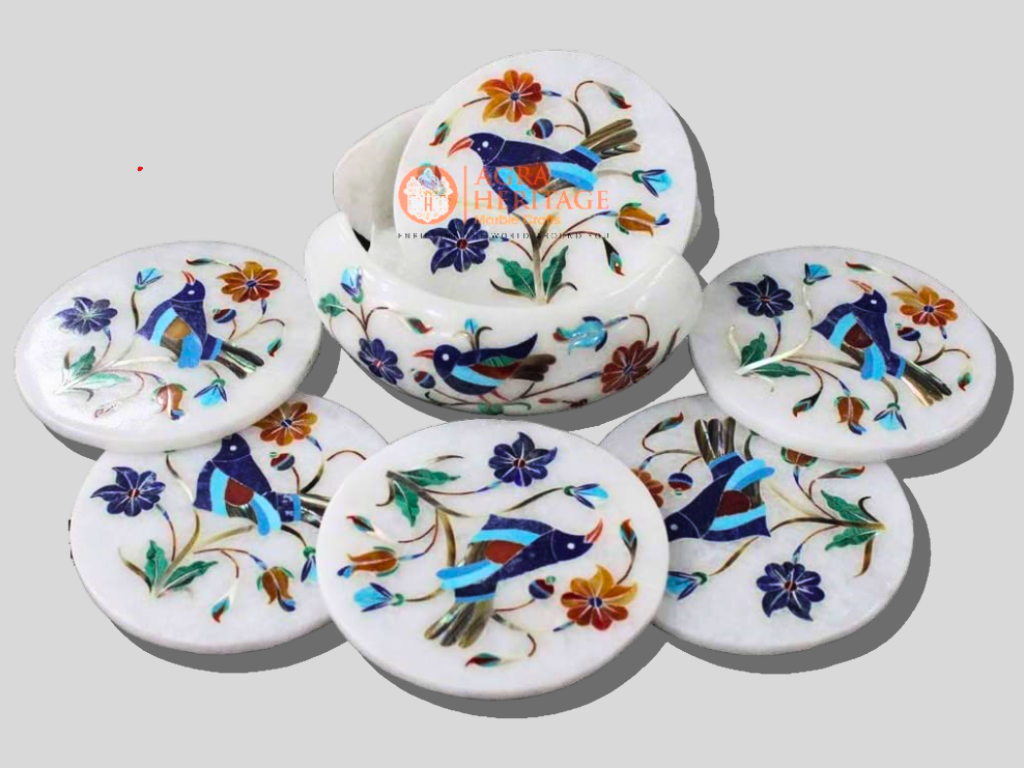 Round Marble Multi Inlay Floral Birds Arts Coasters